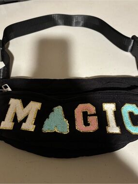 Black 'MAGIC' Sequin Patch Belt Bag. Crossbody bag to. Black bag with iron ons.